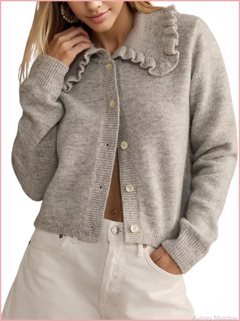 Y2k Ruffled Collar Cardigan Crop Top Long Sleeve Button Down Sweater